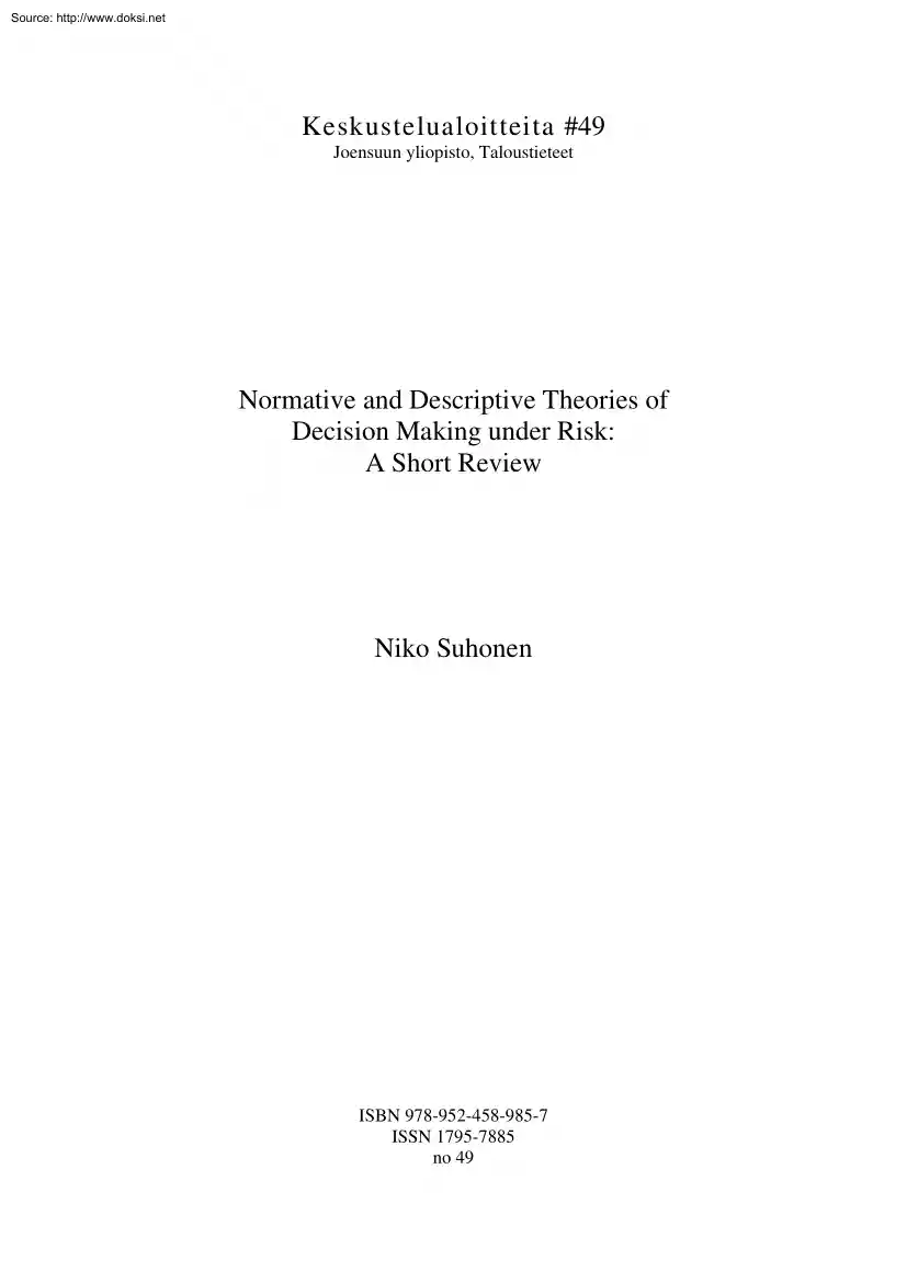 Niko Suhonen - Normative and Descriptive Theories of Decision Making under Risk, Short Review