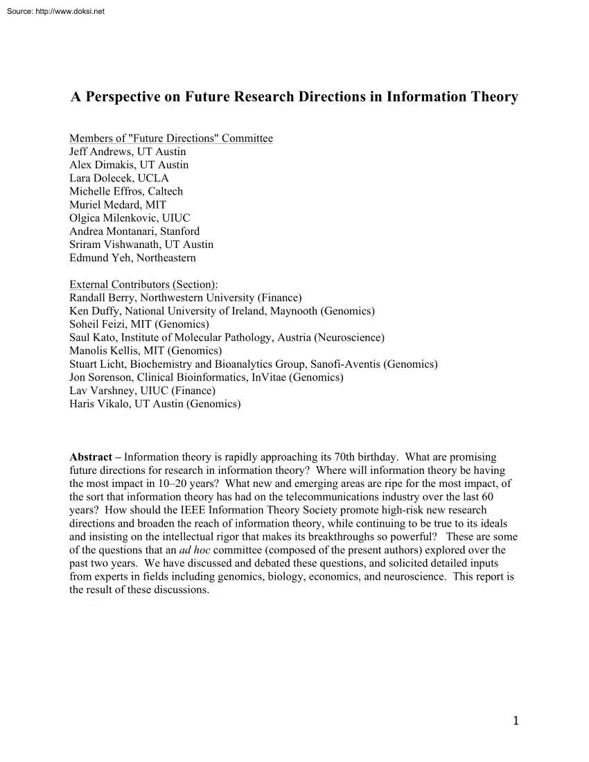 A Perspective on Future Research Directions in Information Theory