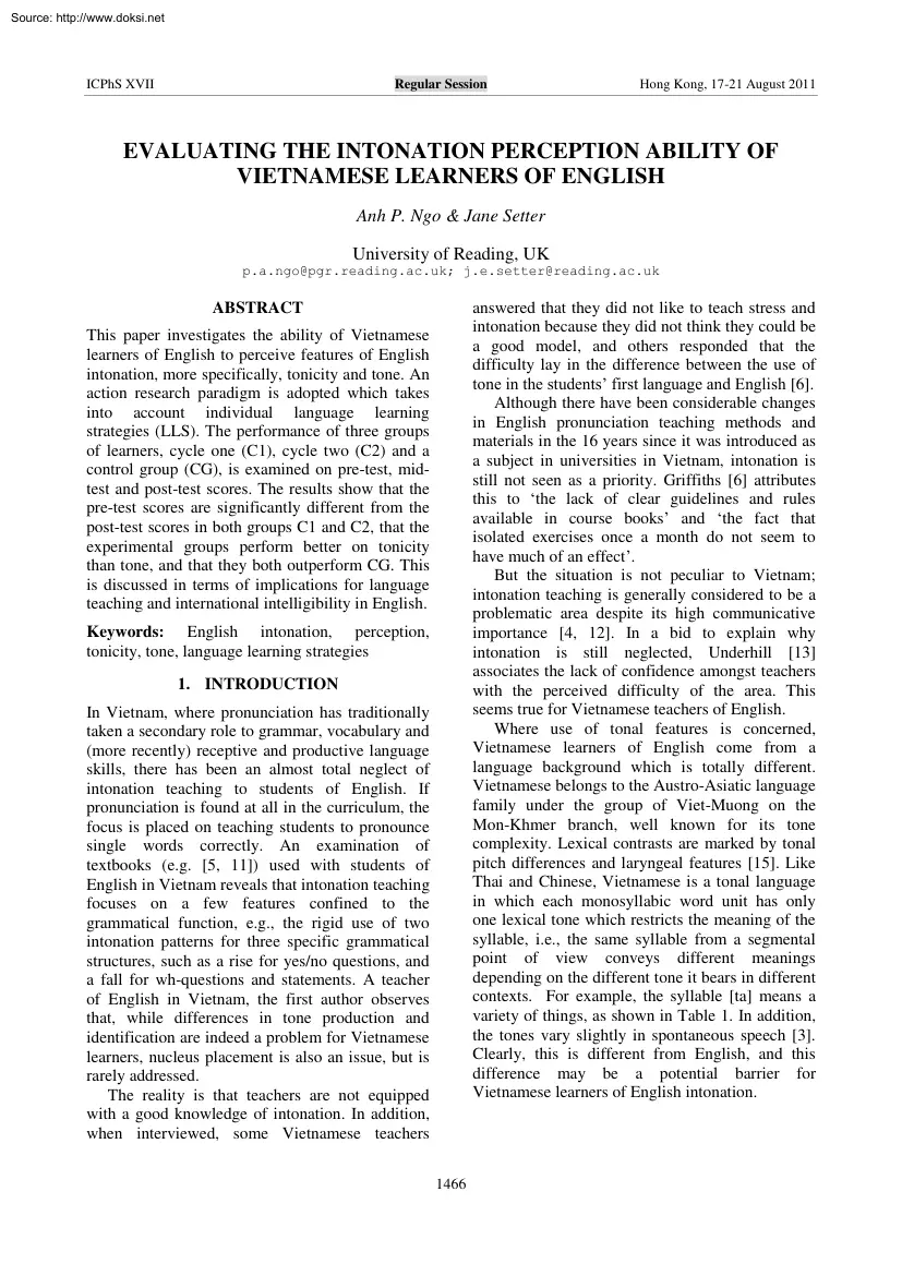 Ngo-Setter - Evaluating the Intonation Perception Ability of Vietnamese Learners of English