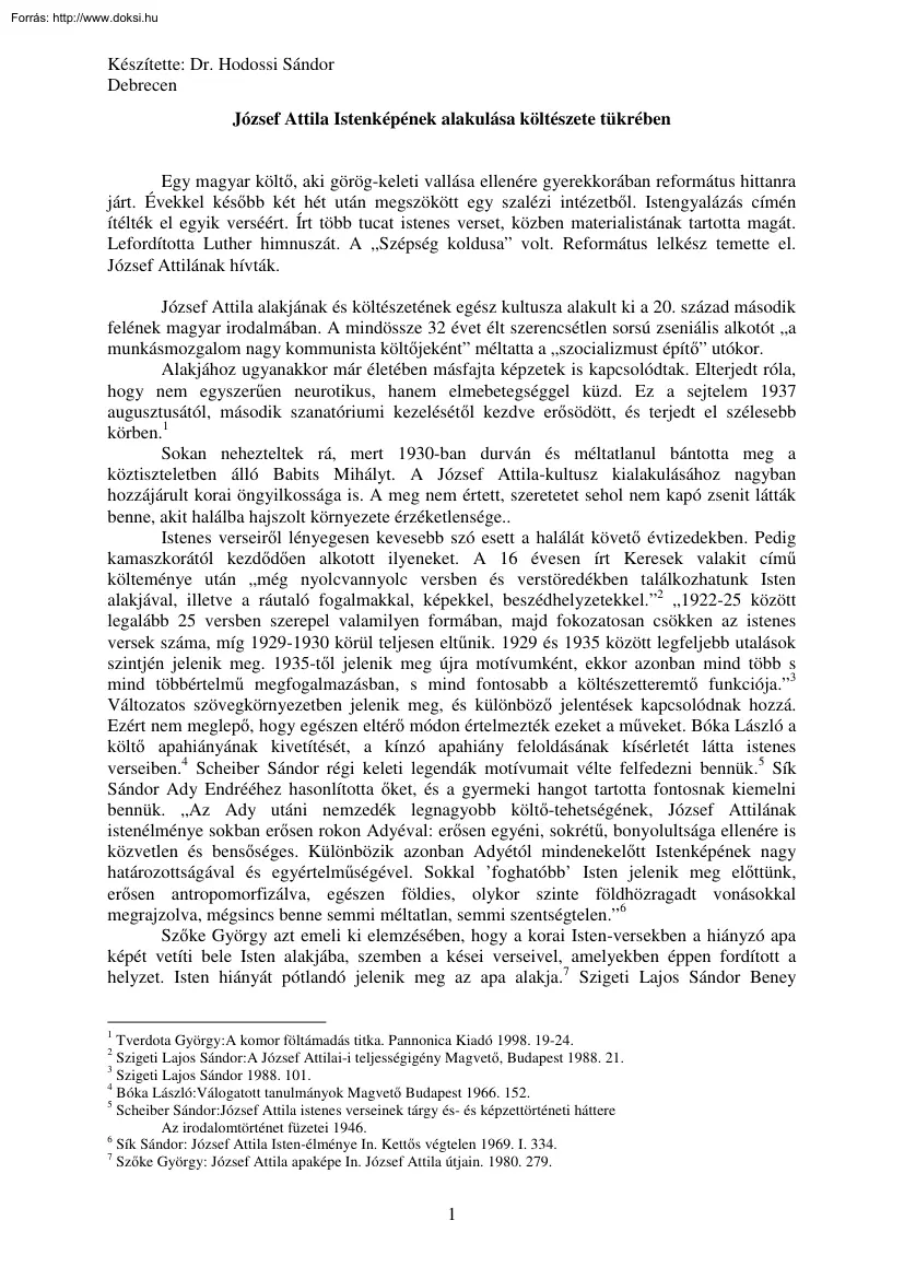 Dr. Hodossi Sándor - József Attila Istenképének alakulása költészete tükrében