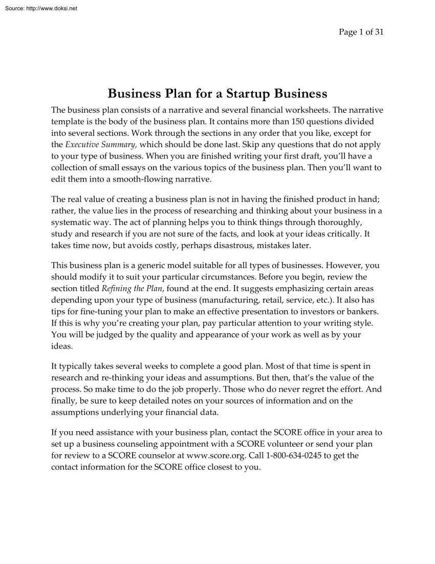 Business Plan for a Startup Business