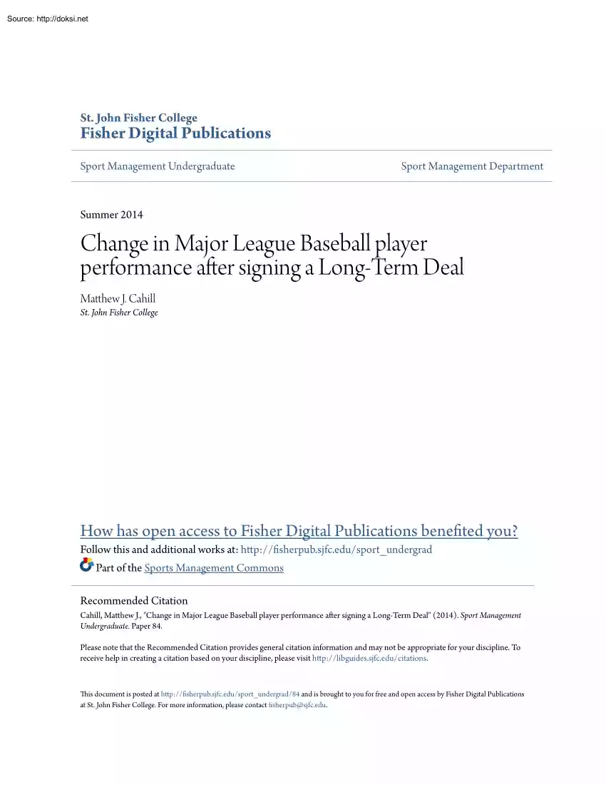 Matthew J. Cahill - Change in Major League Baseball Player Performance after Signing a Long Term Deal