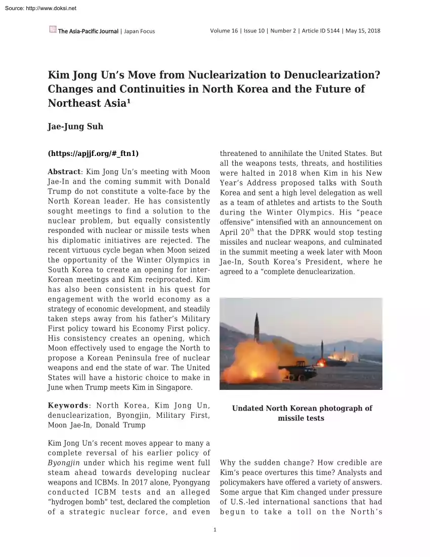 Jae-Jung Suh - Kim Jong Uns Move from Nuclearization to Denuclearization, Changes and Continuities in North Korea and the Future of Northeast Asia