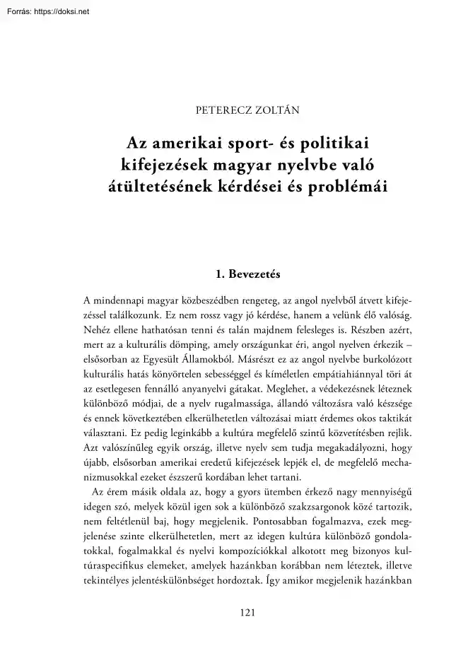 Peterecz Zoltán - Az amerikai sport- és politikai kifejezések magyar nyelvbe való átültetésének kérdései és problémái