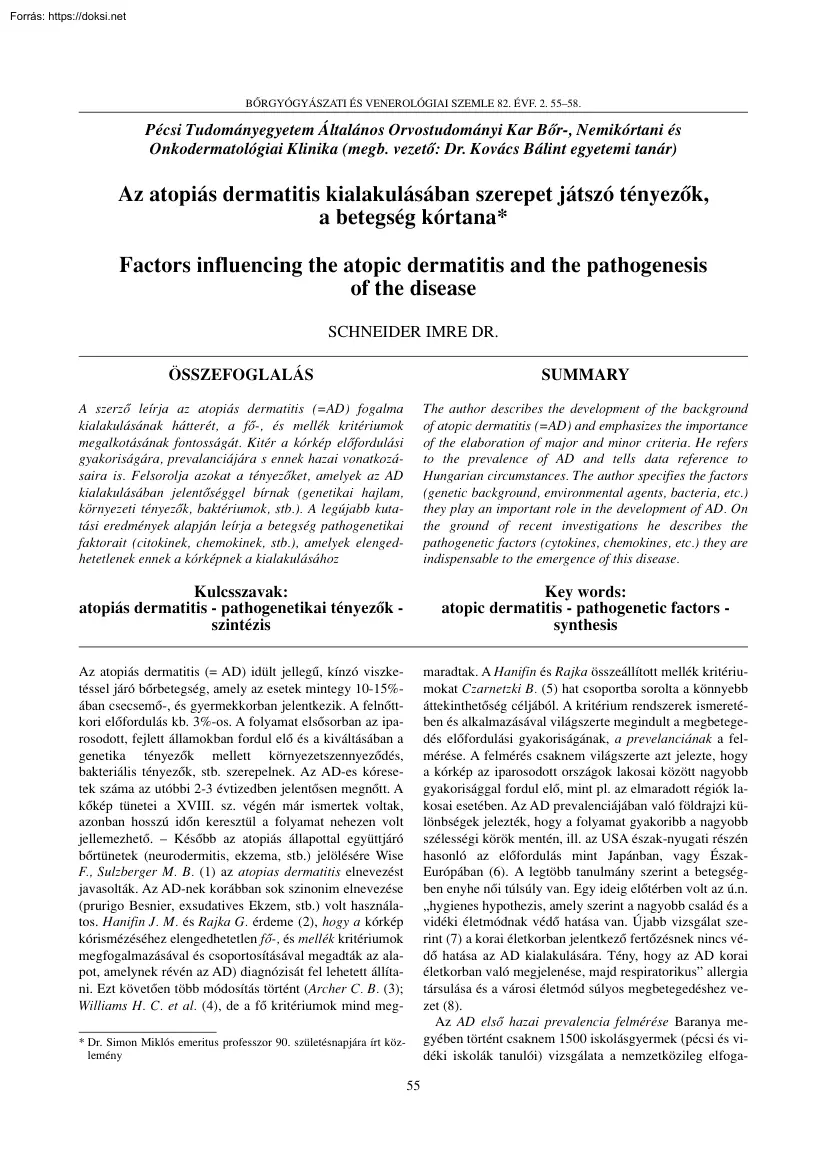 Dr. Schneider Imre - Az atopiás dermatitis kialakulásában szerepet játszó tényezők, a