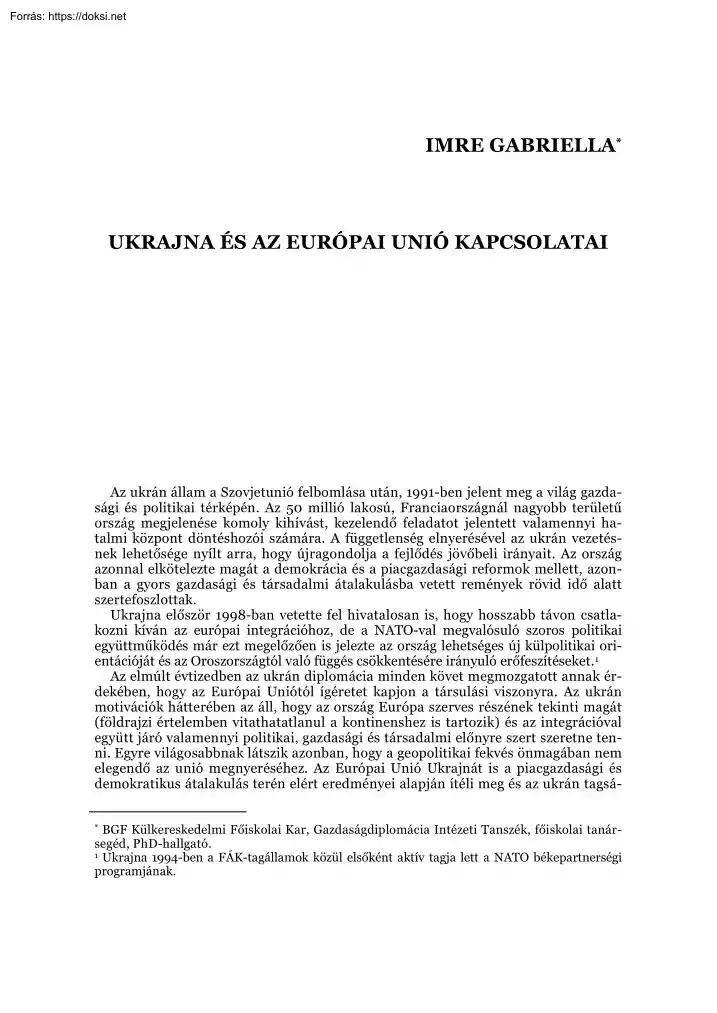 Imre Gabriella - Ukrajna és az Európai Unió kapcsolatai