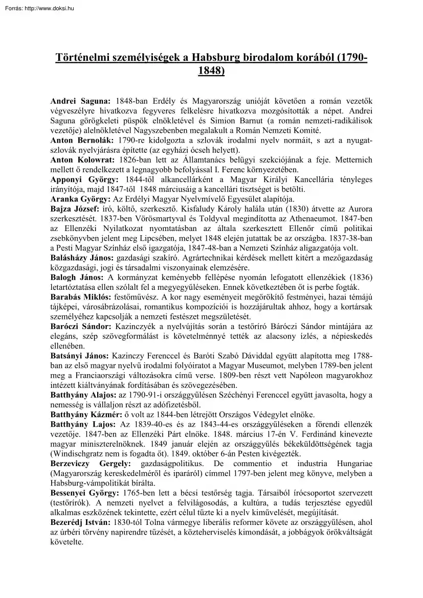 Történelmi személyiségek a Habsburg birodalom korából (1790-1848)