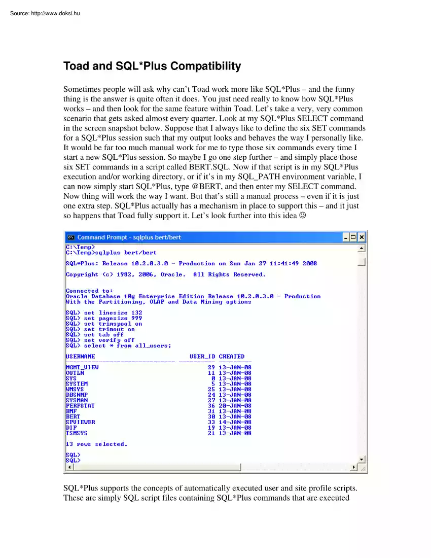 Toad and SQL plus compatibility