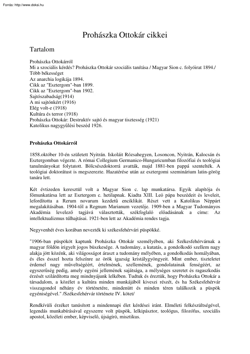 Prohászka Ottokár cikkei