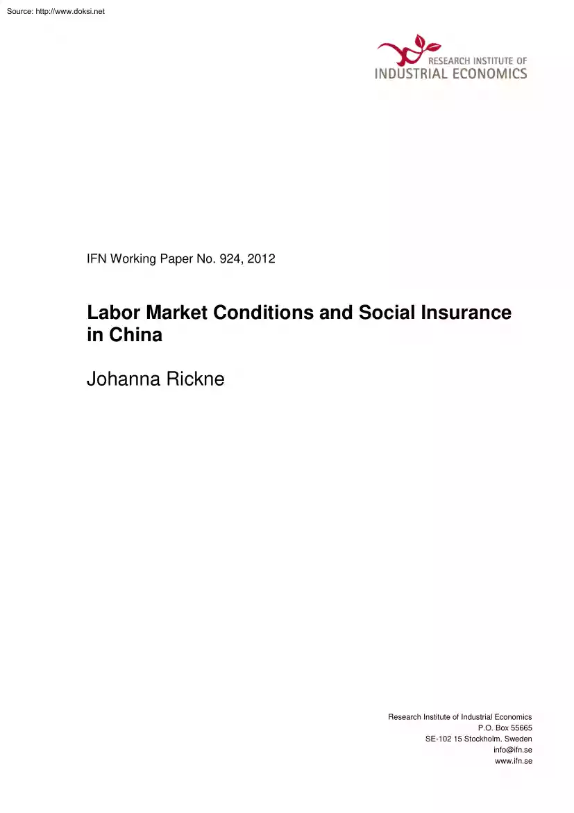Johanna Rickne - Labor Market Conditions and Social Insurance in China