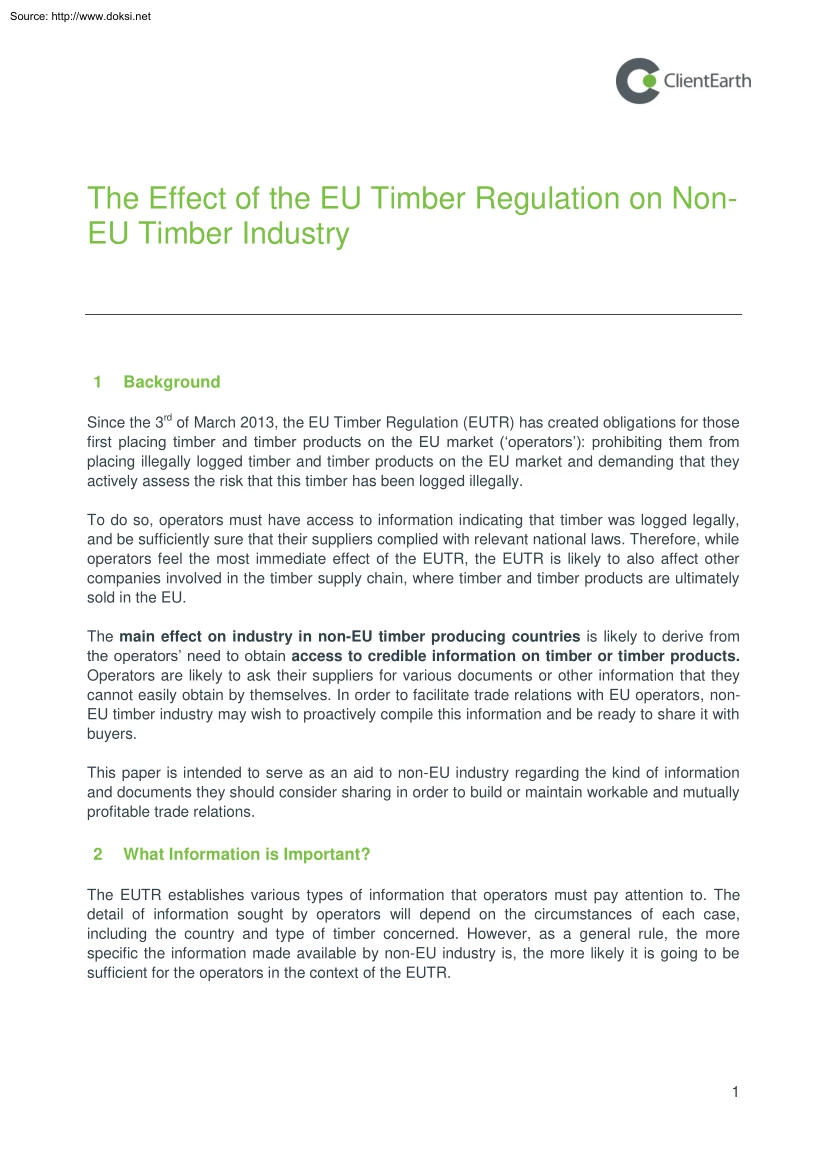 The Effect of the EU Timber Regulation on Non EU Timber Industry