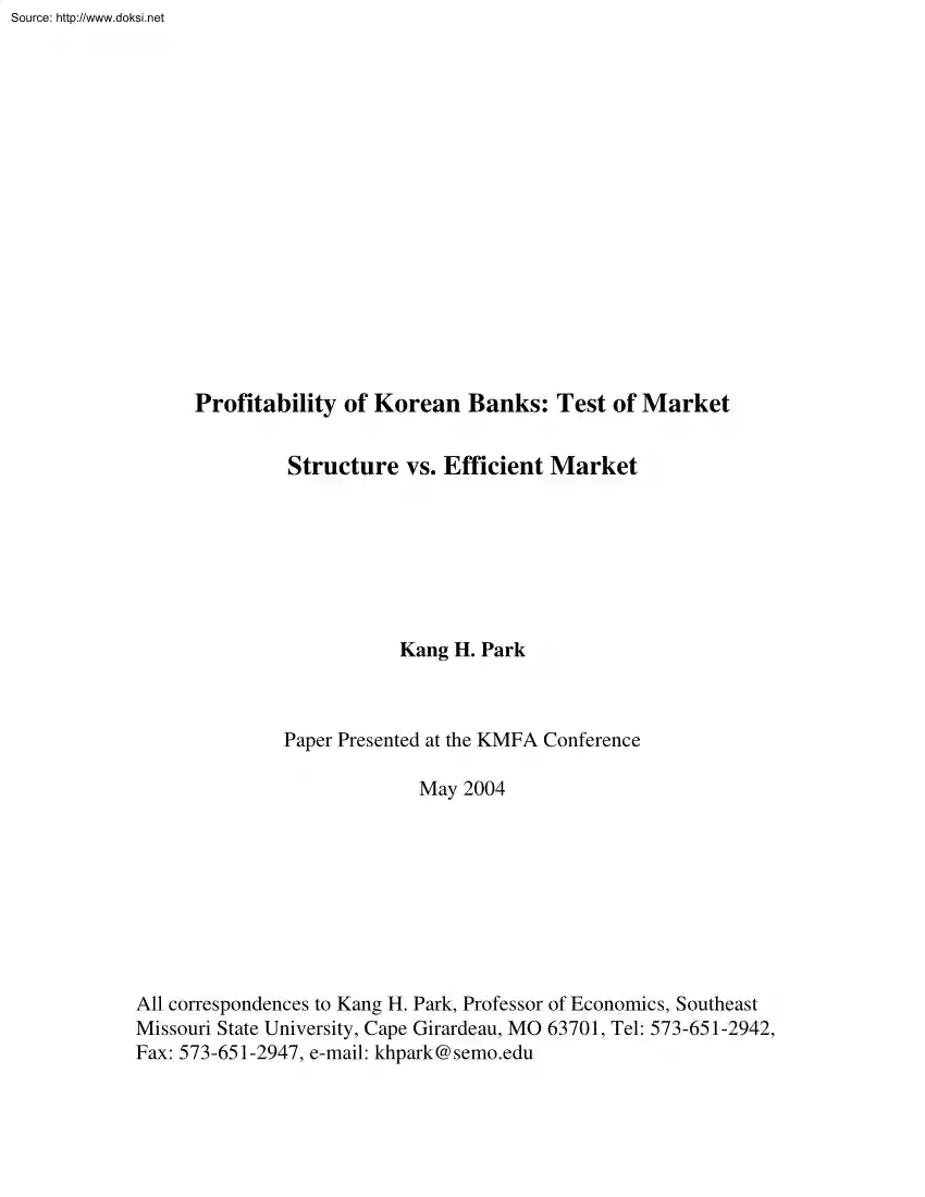 Kang H. Park - Profitability of Korean Banks, Test of Market Structure vs. Efficient Market