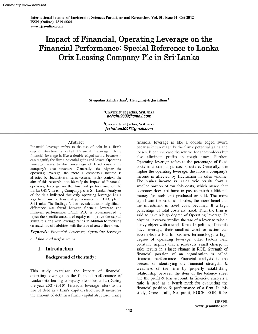 Achchuthan-Jasinthan - Impact of Financial, Operating Leverage on the Financial Performance, Special Reference to Lanka Orix Leasing Company Plc in Sri-Lanka
