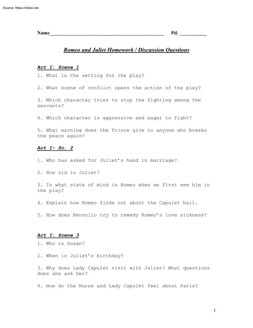 Romeo and Juliet Homework, Discussion Questions