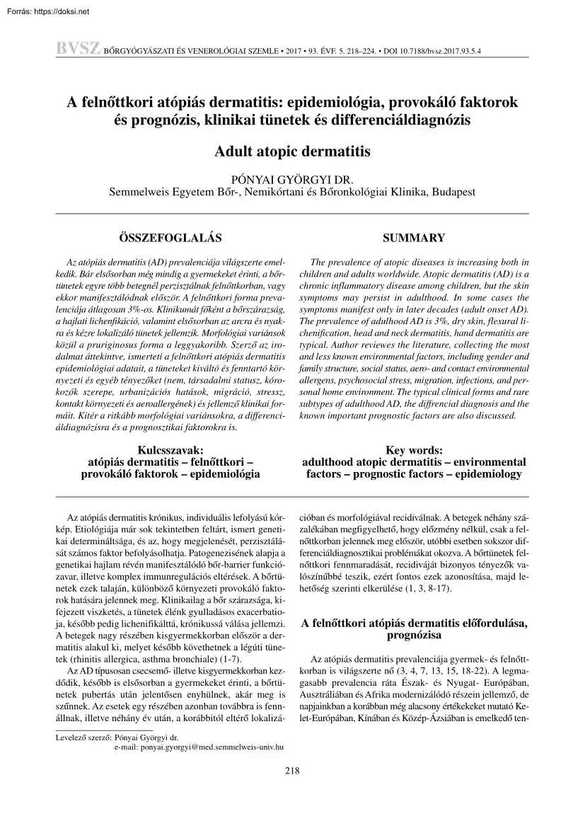 Dr. Pónyai Györgyi - A felnőttkori atópiás dermatitis, epidemiológia, provokáló faktorok