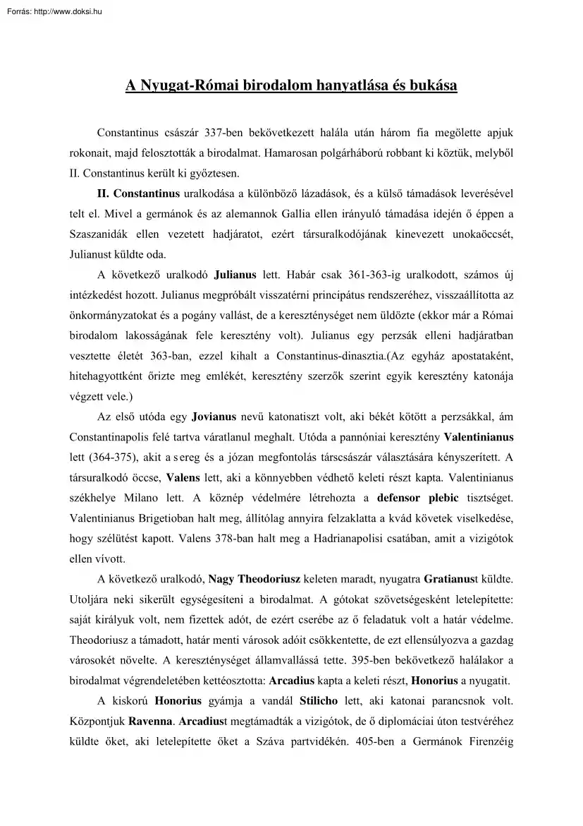 A Nyugat-Római birodalom hanyatlása és bukása