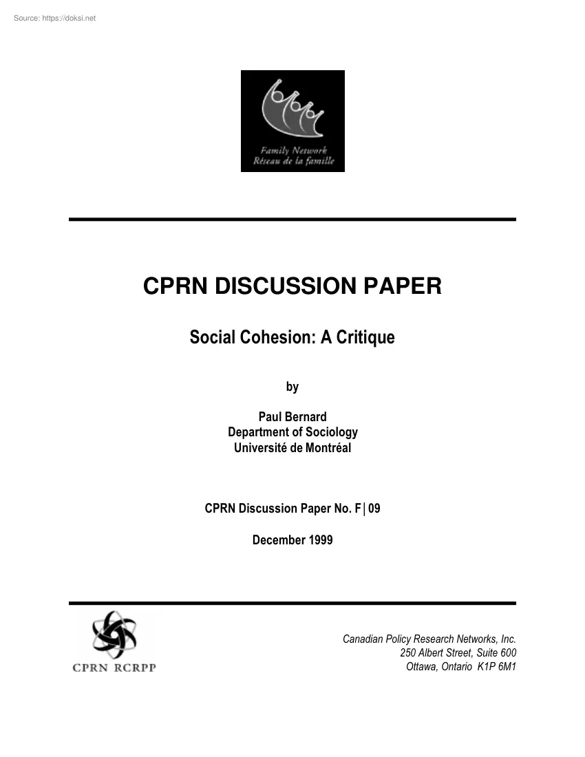 Paul Bernard - Social cohesion, a critique