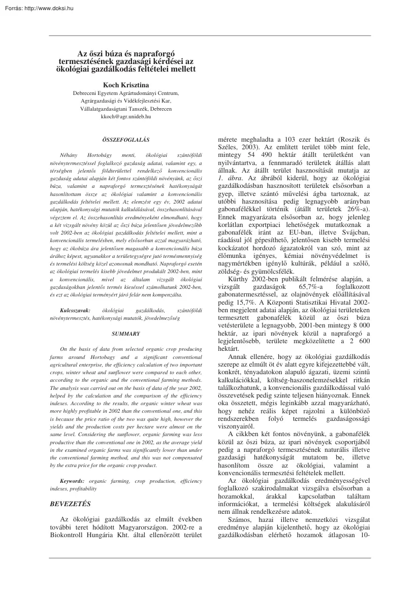 Koch Krisztina - Az őszi búza és napraforgó termesztésének gazdasági kérdései az