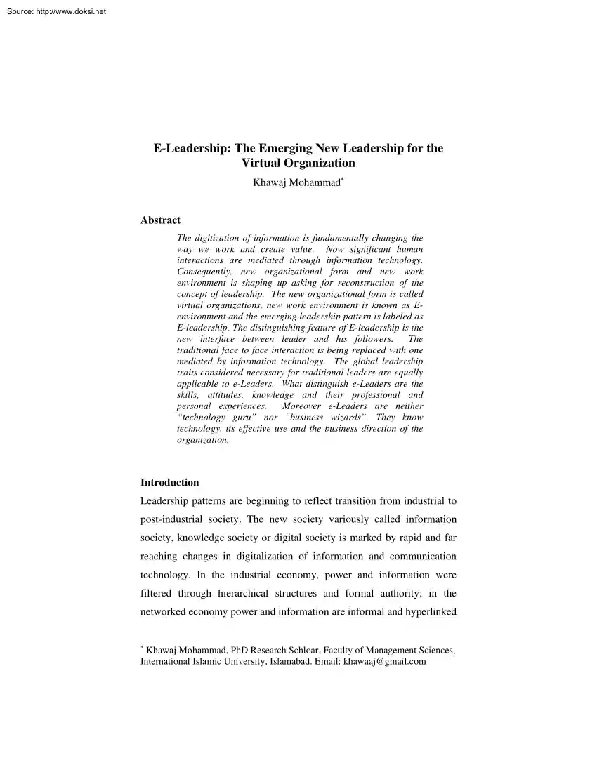 Khawaj Mohammad - E Leadership, The Emerging New Leadership for the Virtual Organization