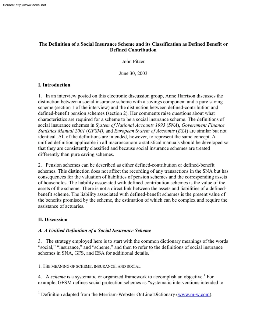 John Pitzer - The Definition of a Social Insurance Scheme and Its Classification as Defined Benefit or Defined Contribution