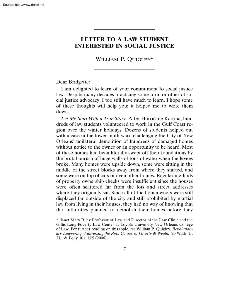 William P. Quigley - Letter to a Law Student Interested in Social Justice