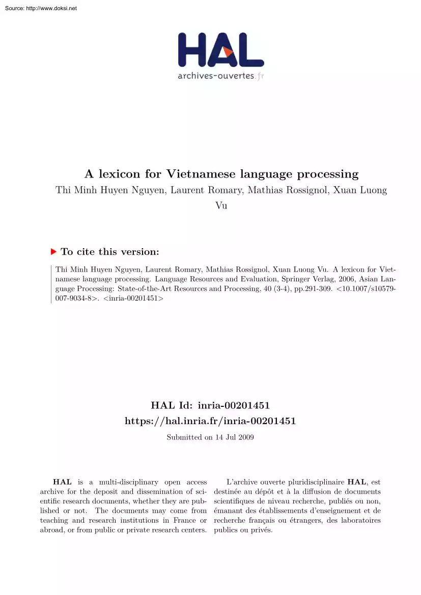 Nguyen-Romary-Rossignol - A Lexicon for Vietnamese Language Processing