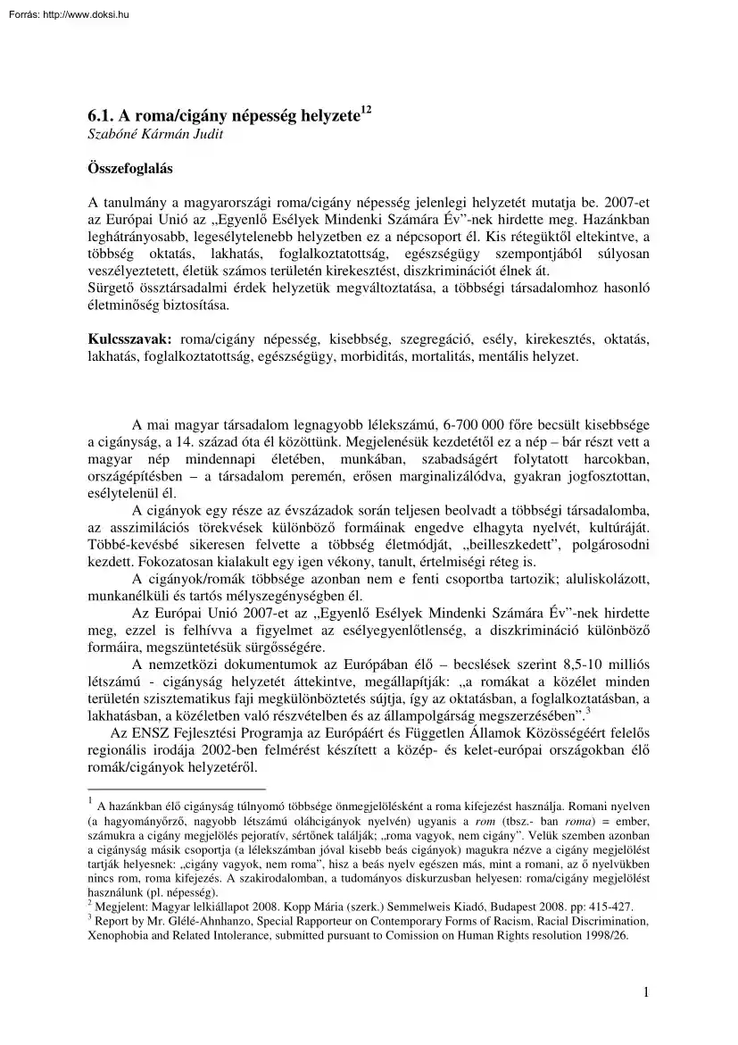 Szabóné Kármán Judit - A roma, cigány népesség helyzete