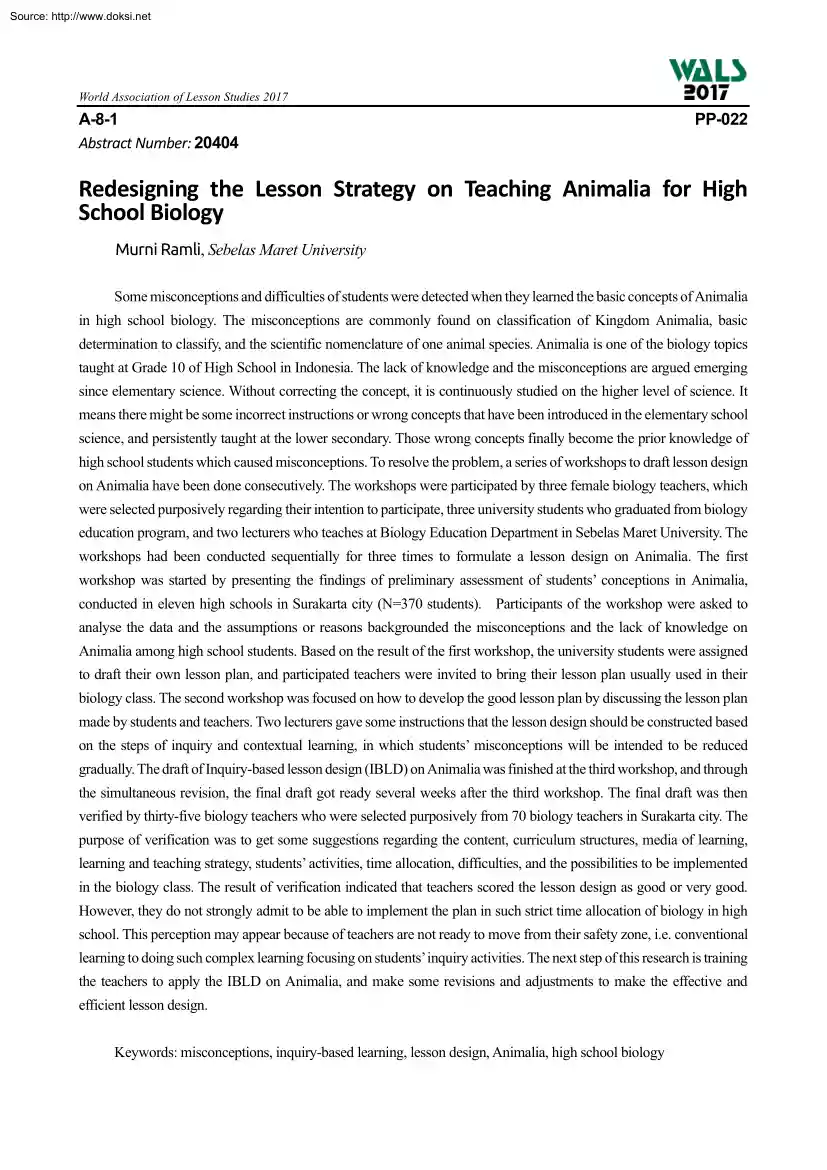 Murni Ramli - Redesigning the Lesson Strategy on Teaching Animalia for High School Biology