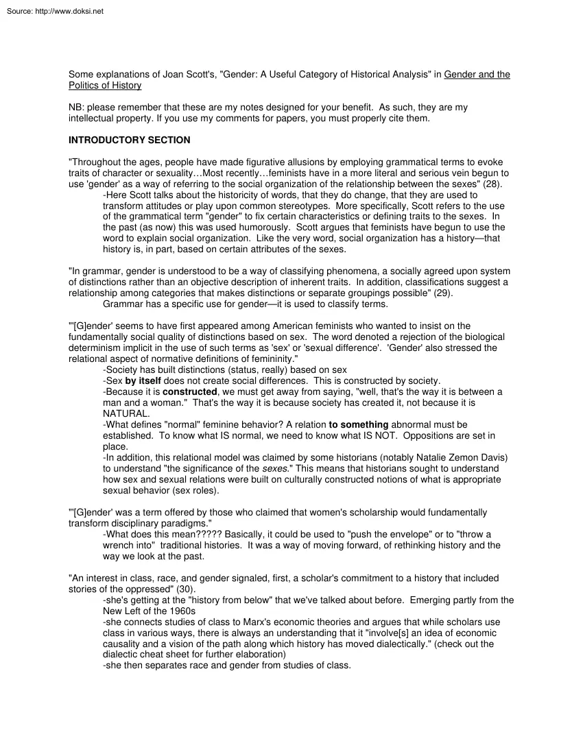 Some explanations of Joan Scotts, Gender, A Useful Category of Historical Analysis in Gender and