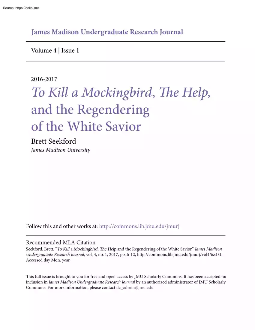 Brett Seekford - To Kill a Mockingbird, The Help, and the Regendering of the White Savior