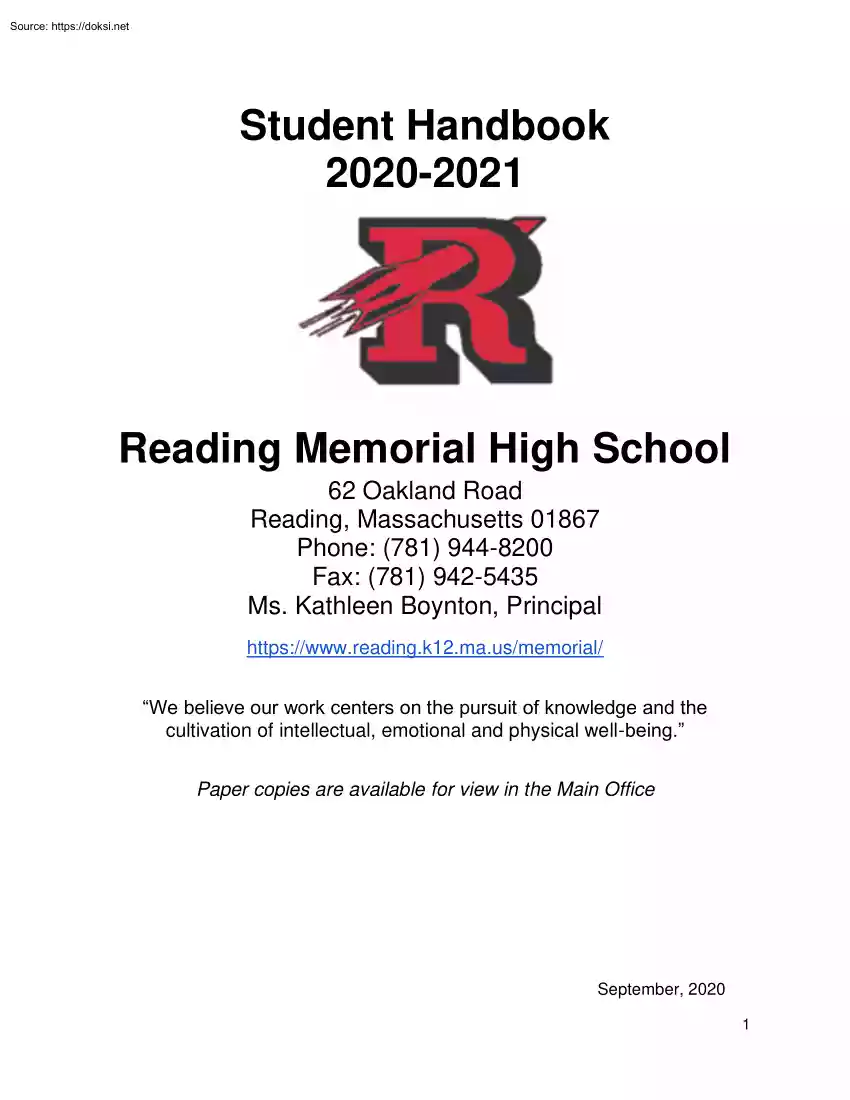 Reading Memorial High School, Student Handbook