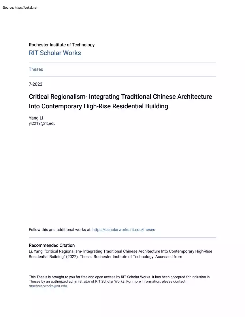 Critical Regionalism Integrating Traditional Chinese Architecture Into Contemporary High-Rise Residential BuildingInto Contemporary High Rise Residential Building