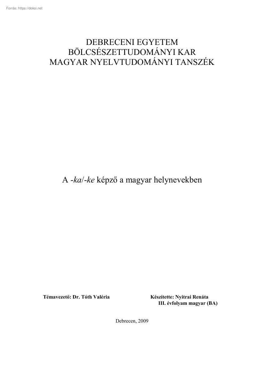 Nyitrai Renáta - A ka, ke képző a magyar helynevekben