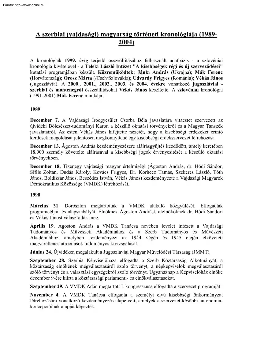 A szerbiai (vajdasági) magyarság történeti kronológiája (1989-2004)