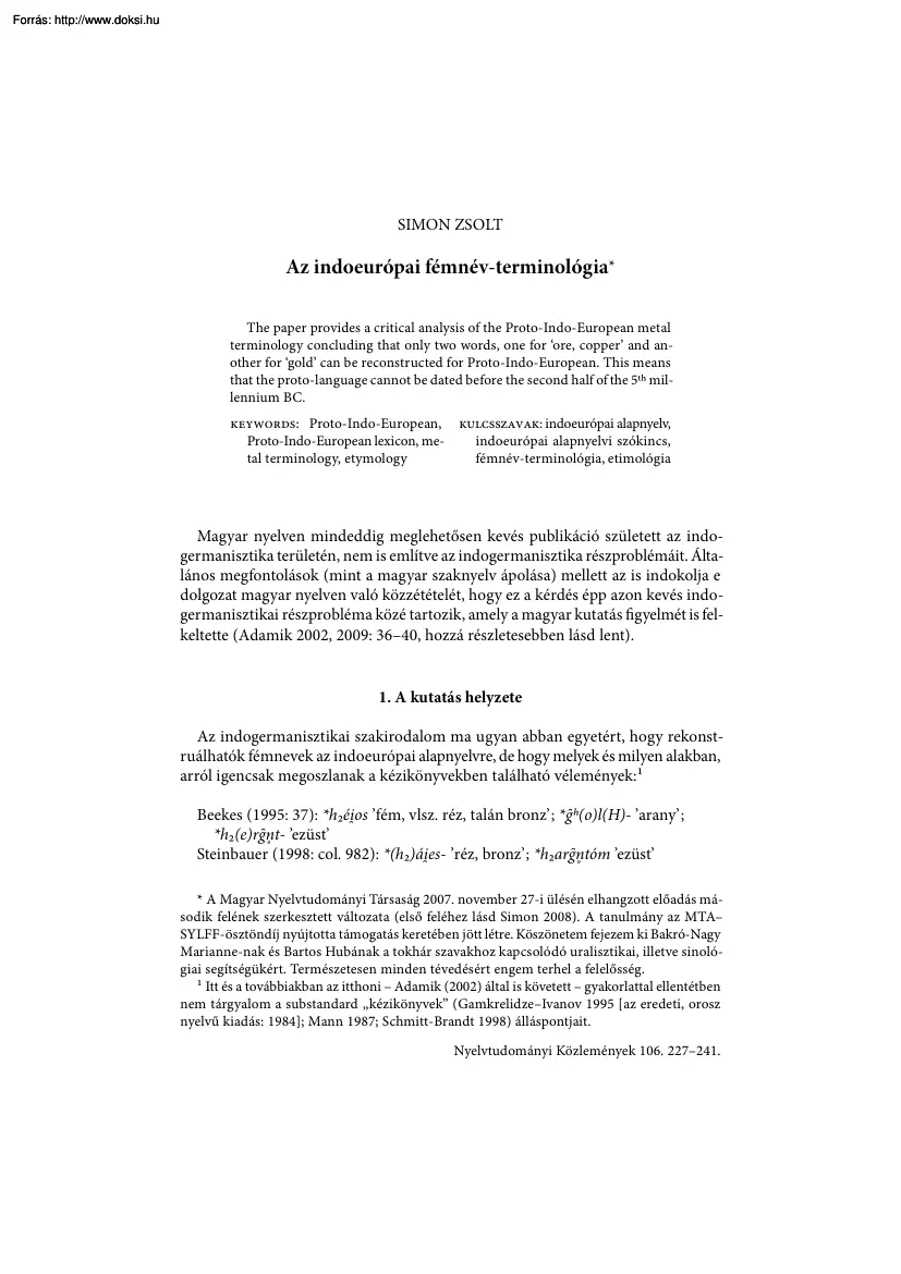 Simon Zsolt - Az indoeurópai fémnév-terminológia