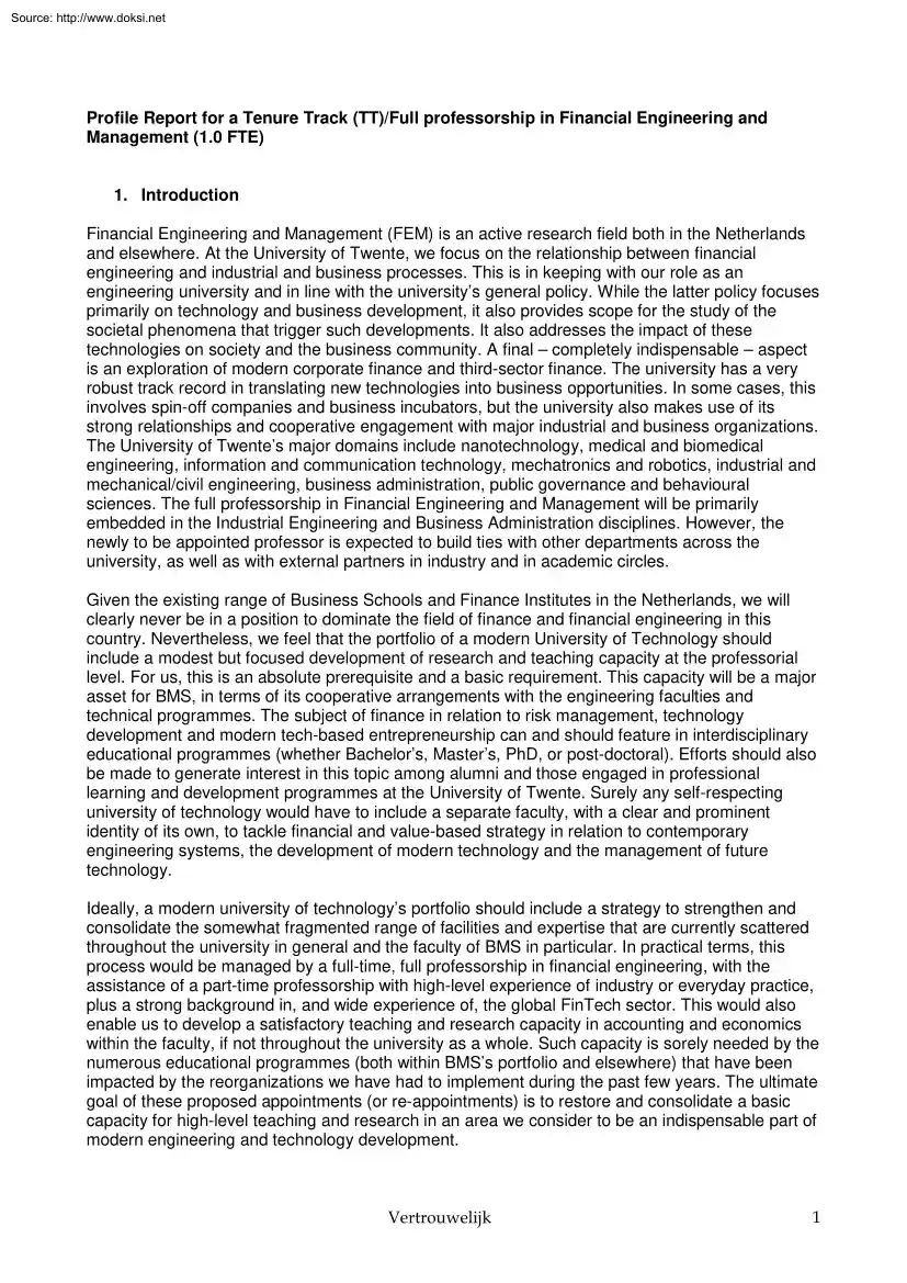 Profile Report for a Tenure Track Professorship in Financial Engineering and Management