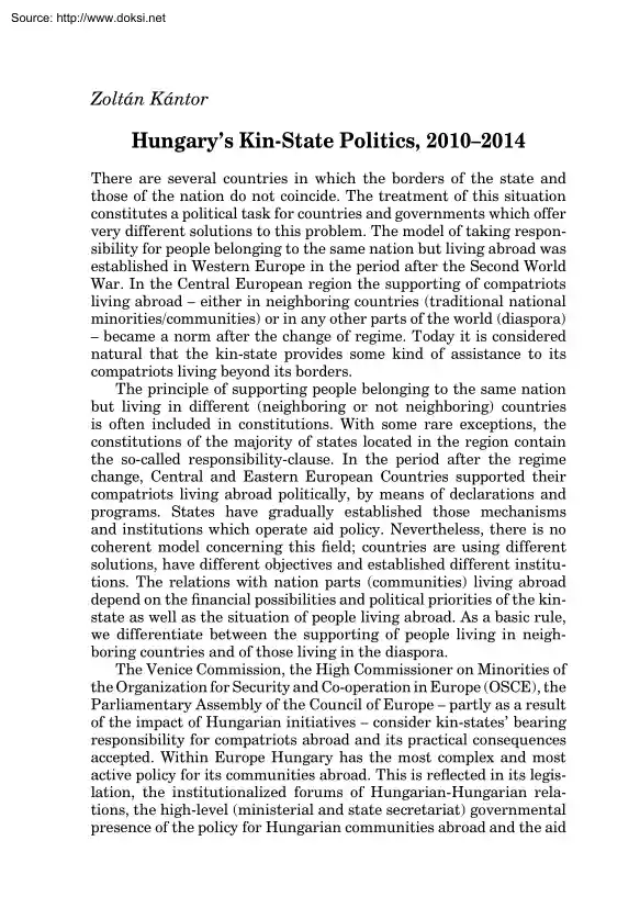 Zoltán Kántor - Hungarys Kin-State Politics, 2010-2014