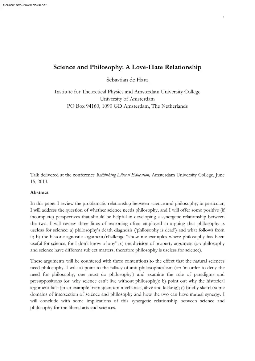 Sebastian de Haro - Science and Philosophy, A Love Hate Relationship