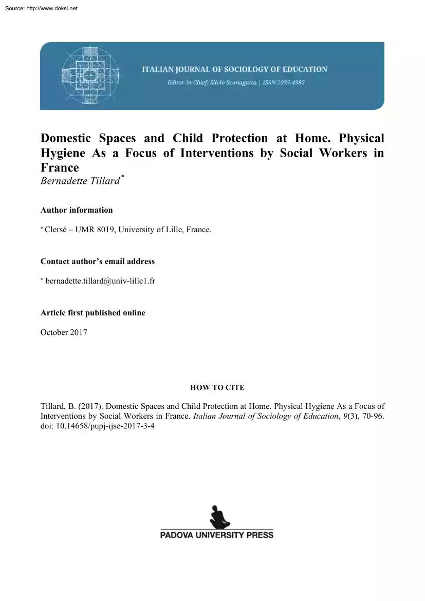 Bernadette Tillard - Domestic Spaces and Child Protection at Home, Physical Hygiene As a Focus of Interventions by Social Workers in France