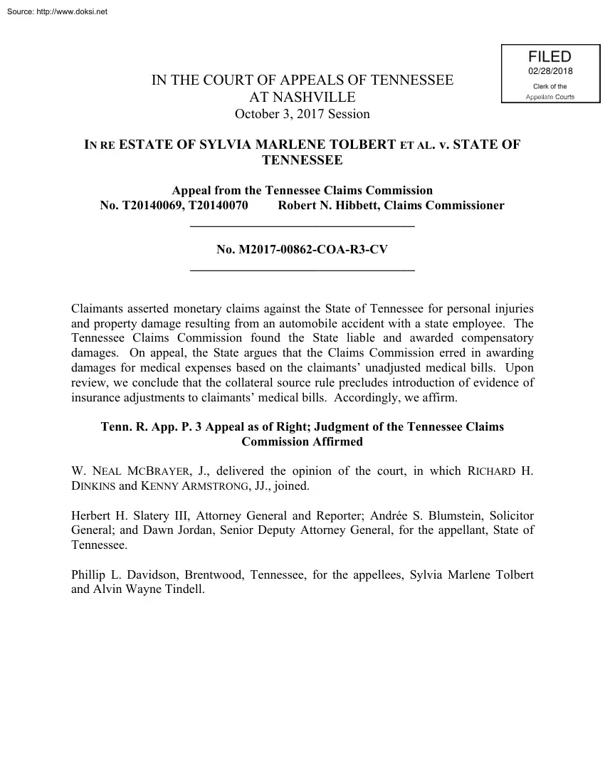In Re Estate of Sylvia Marlene Tolbert Et Al. v. State of Tennessee