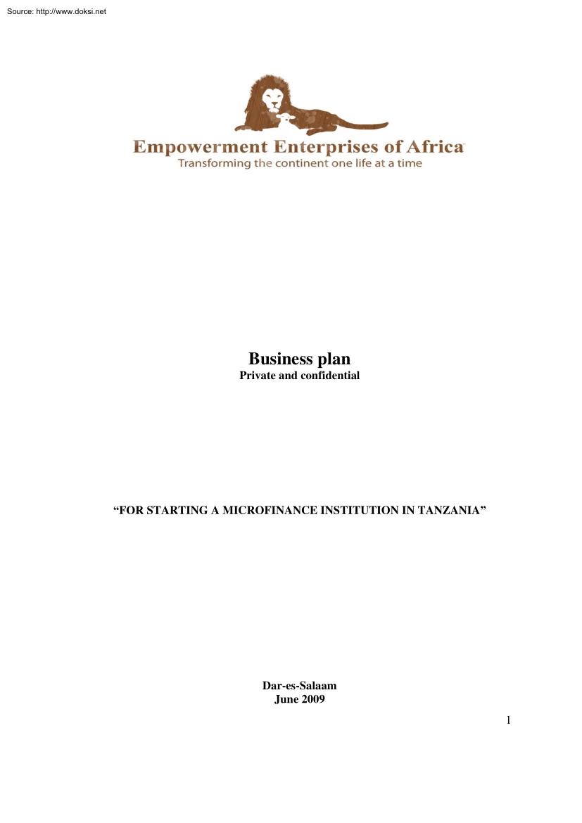 Business Plan, For Starting a Microfinance Institution in Tanzania