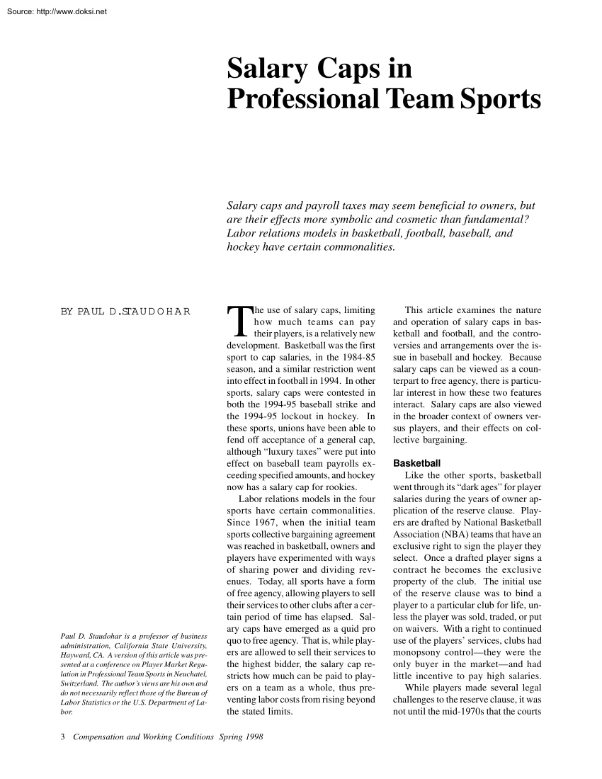 Paul D. Staudohar - Salary Caps in Professional Team Sports