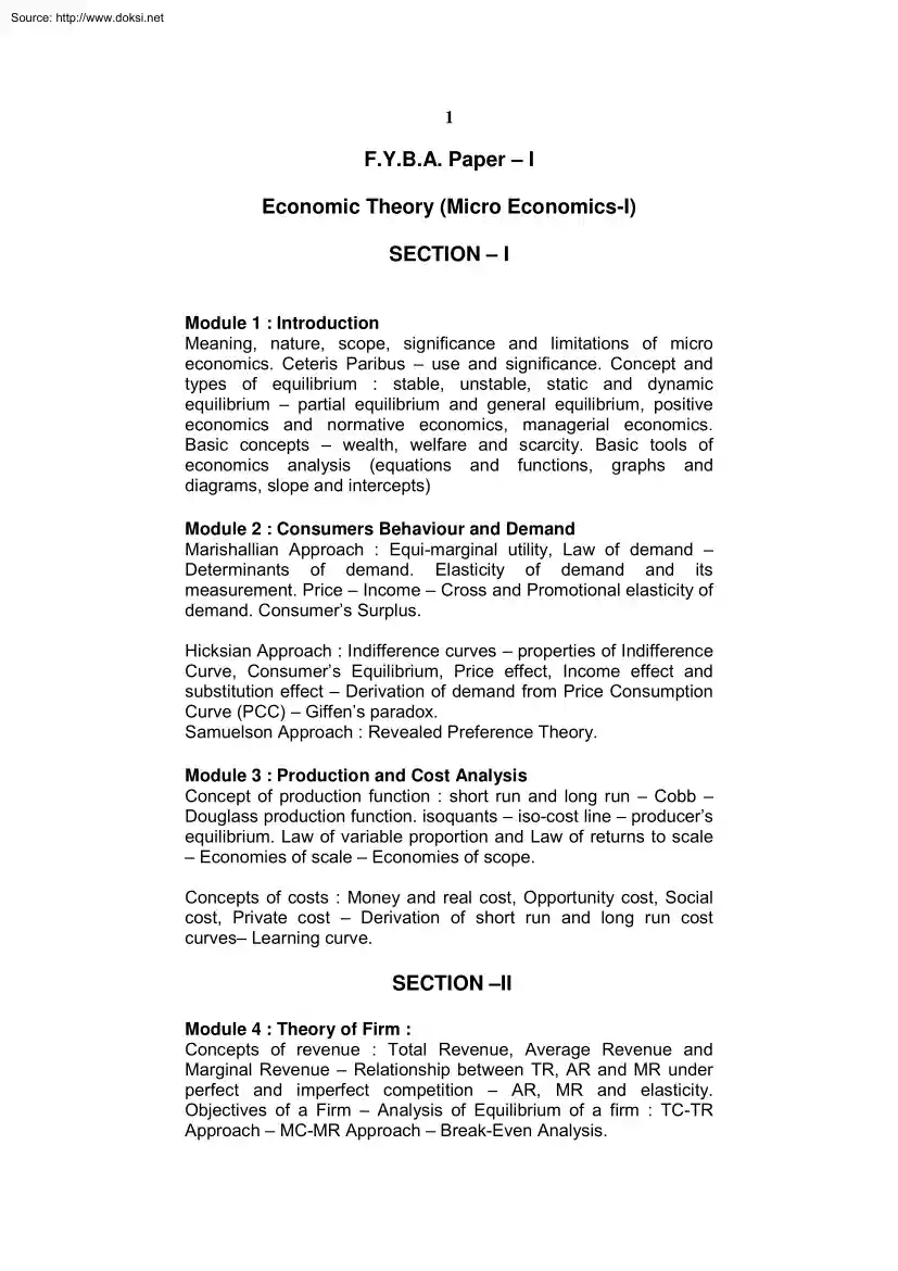 F.Y.B.A. Paper I, Economic Theory
