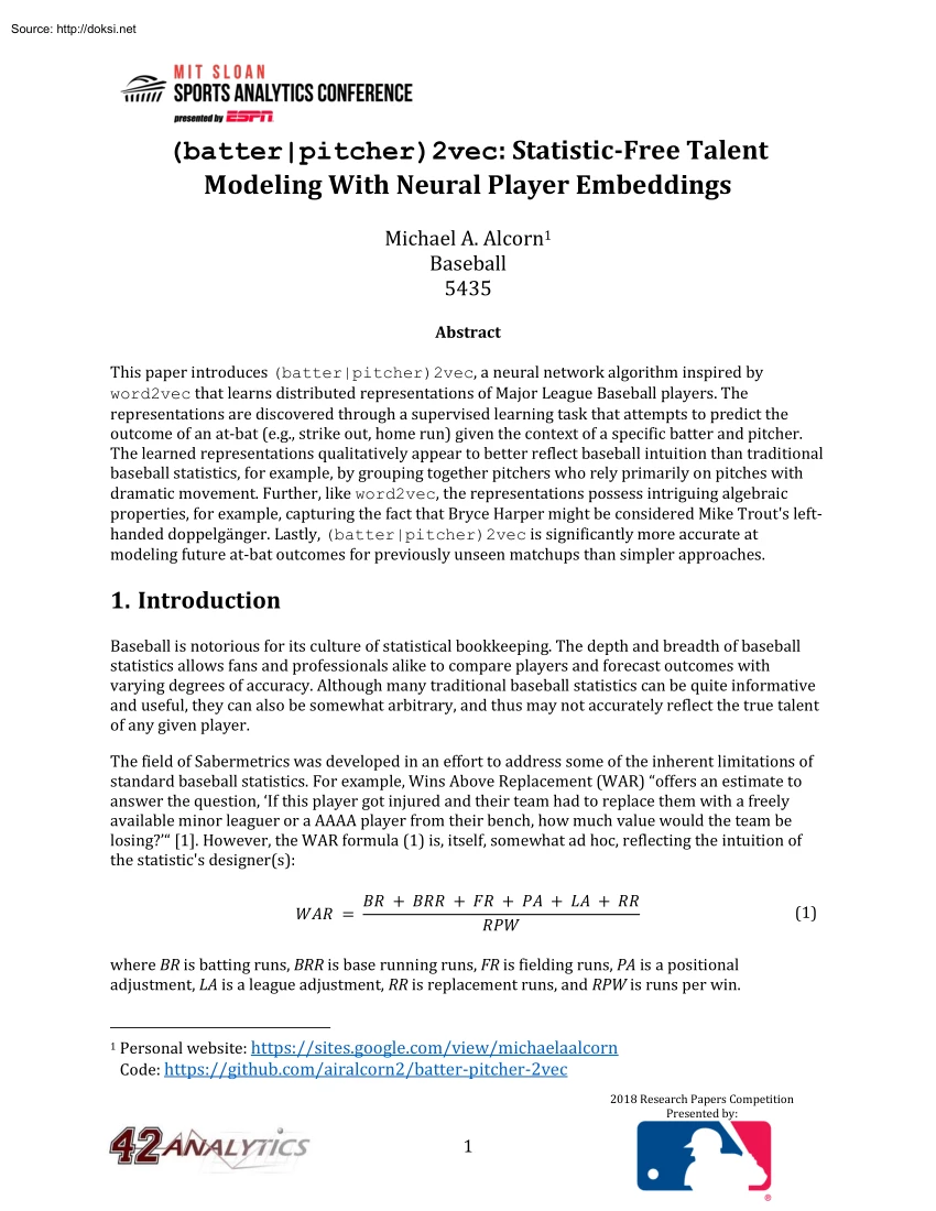 Michael A. Alcorn - Statistic-Free Talent Modeling With Neural Player Embeddings