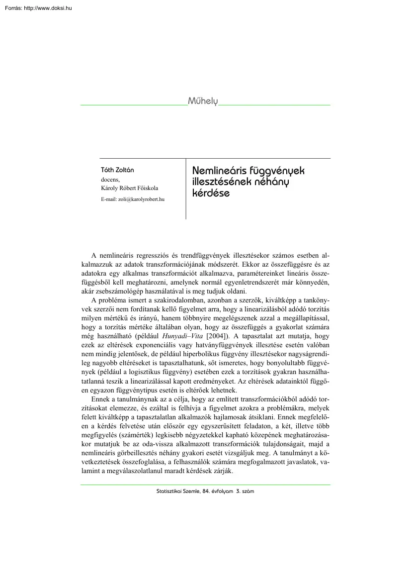 Tóth Zoltán - Nemlineáris függvények illesztésének néhány kérdése