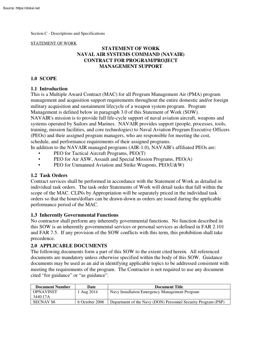Statement of Work Naval Air System Command, NAVAIR, Contract for Program Project Management Support