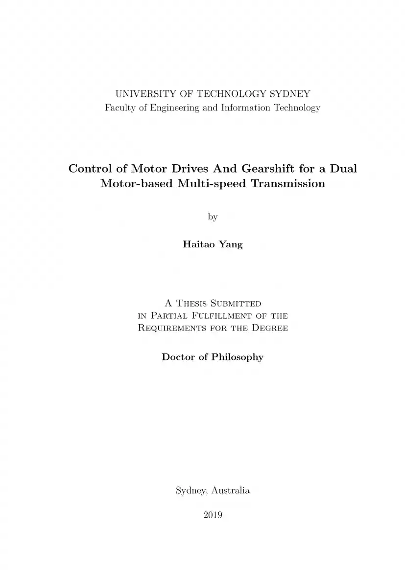Haitao Yang - Control of Motor Drives And Gearshift for a Dual Motor-based Multi-speed Transmission
