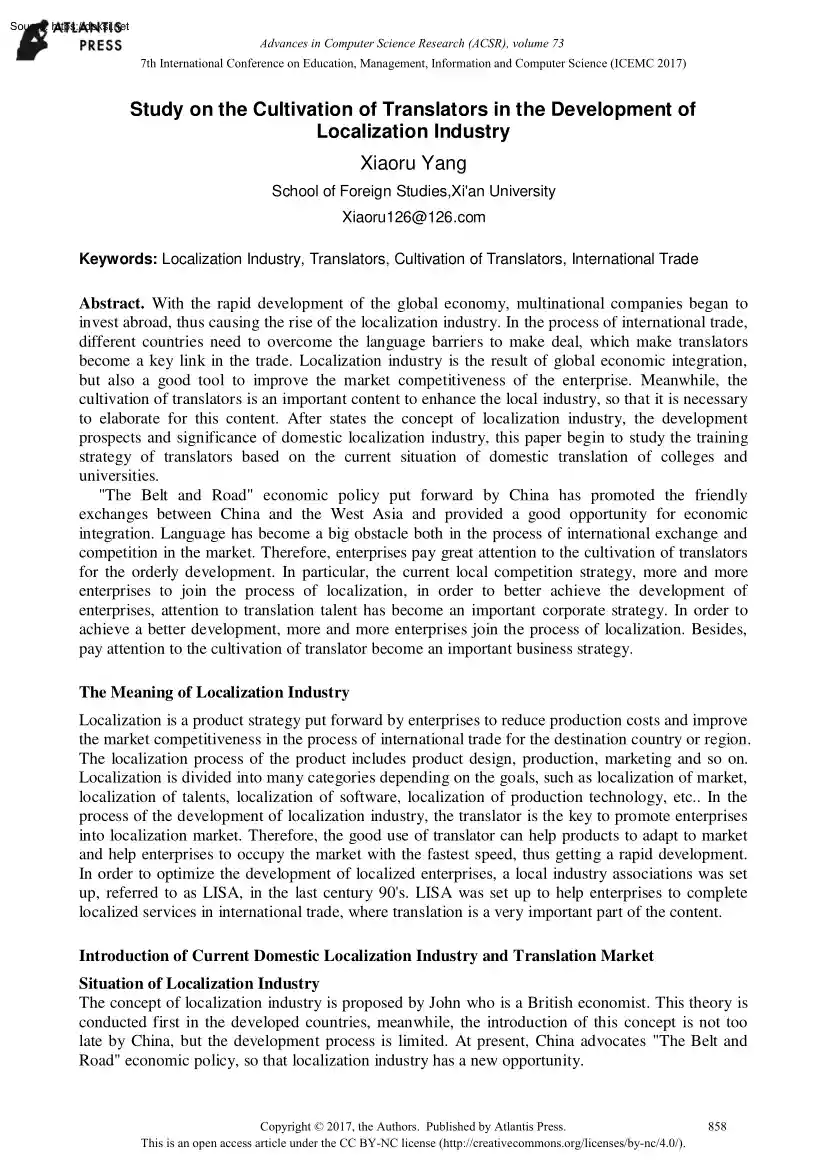Xiaoru Yang - Study on the Cultivation of Translators in the Development of Localization Industry