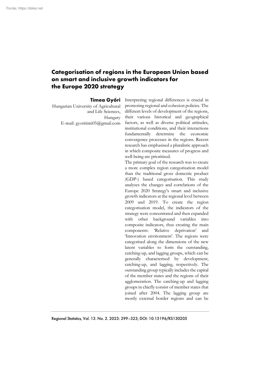 Tímea Győri - Categorisation of regions in the European Union based on smart and inclusive growth