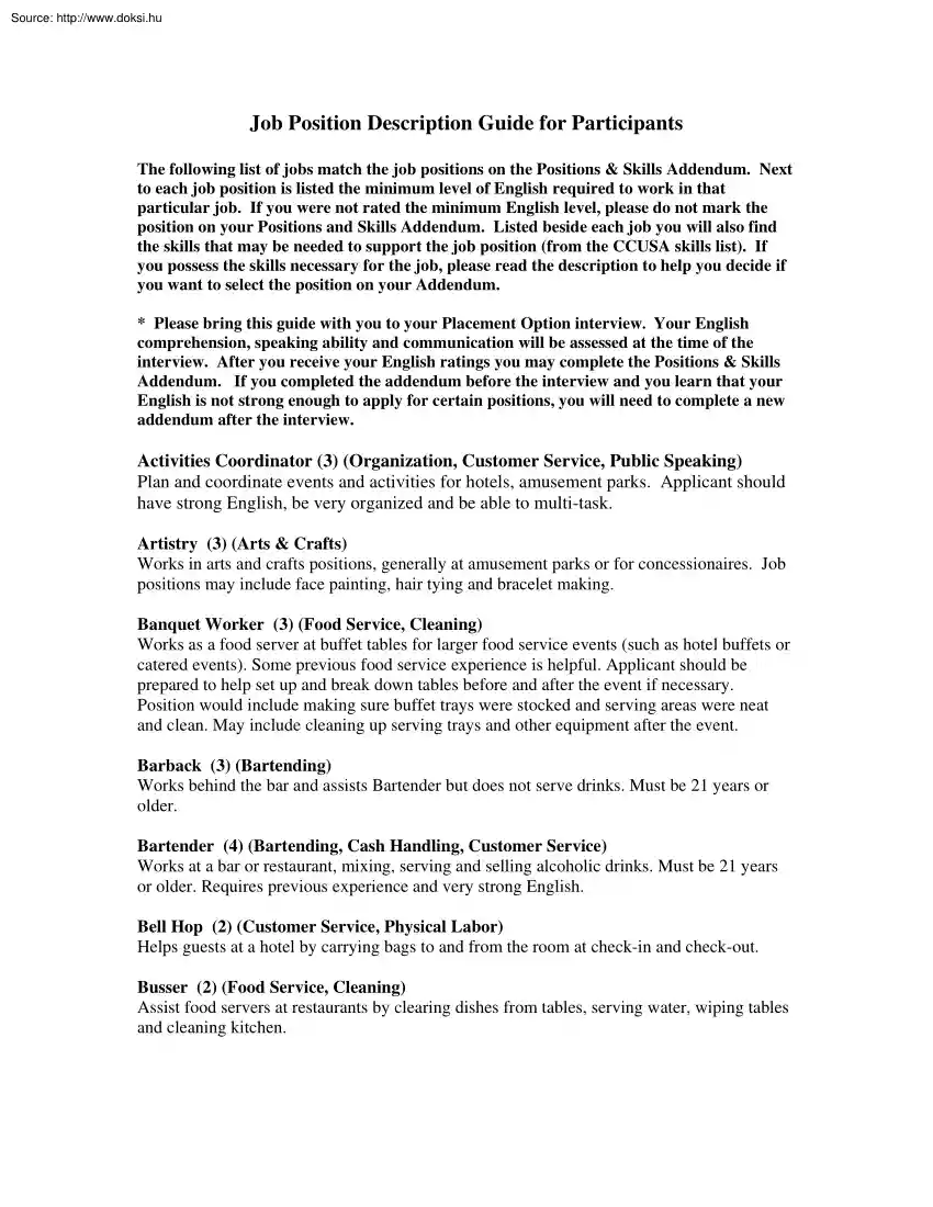 Job position description guide for participants